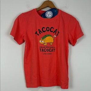 NWT Life Is Good Kids XL Tacocat Graphic TShirt - Coral Short Sleeve Crusher Tee